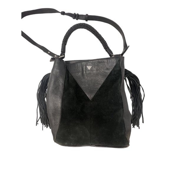 Sam Edelman Monica Leather Bucket Bag Black Snap Tassel Shoulder Suede Fringe - Picture 1 of 10